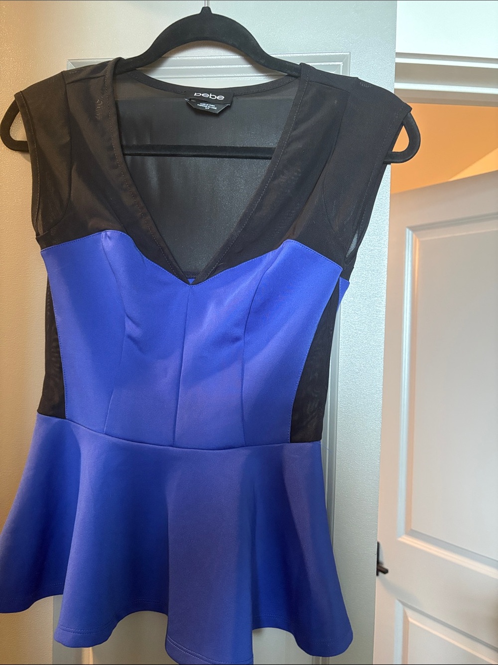 bebe Black & Royal Blue Peplum Mesh Dress
